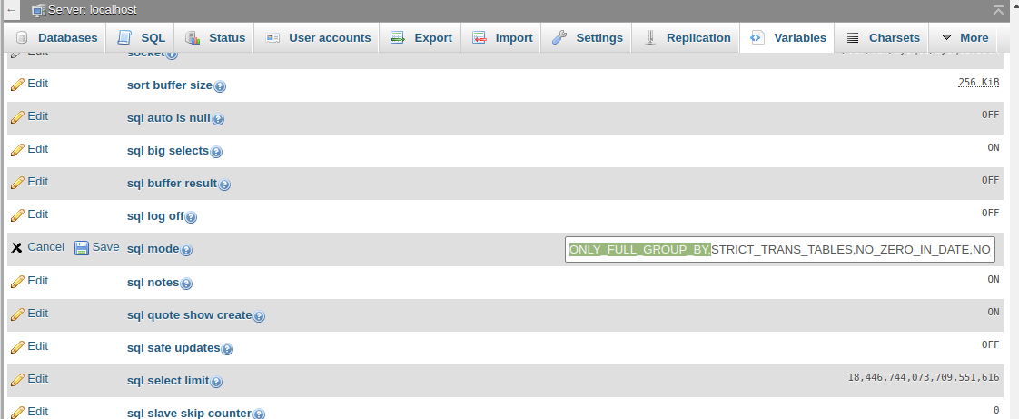 Phpmyadmin update sql_mode